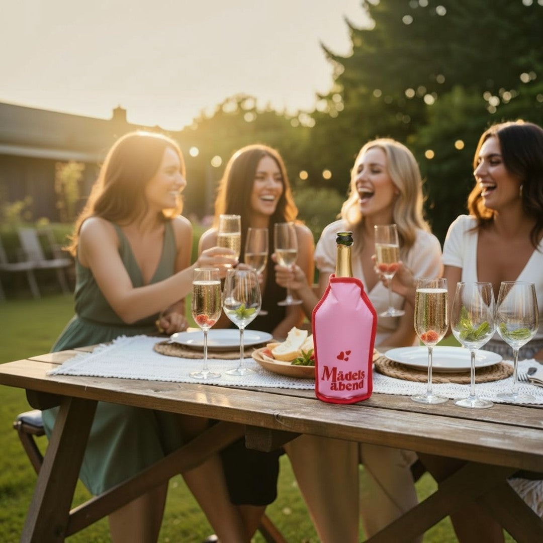 Nomafu Froid Kühlmanschette in Pink mit Mädelsabend-Motiv auf einer Weinflasche bei einer Gartenparty mit Freunden