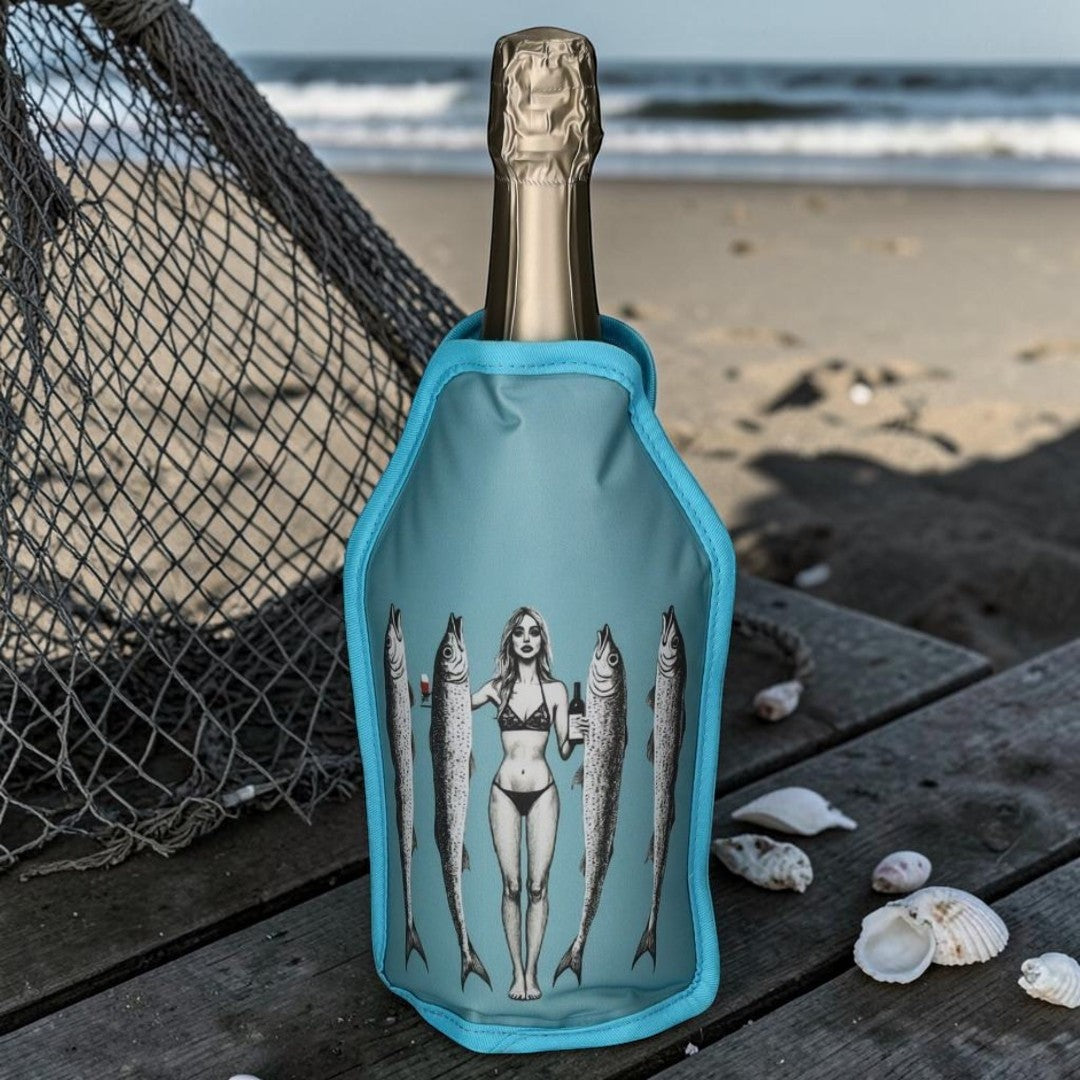 Nomafu Froid Kühlmanschette in Türkis mit Fisch-Motiv um eine Weinflasche am Strand