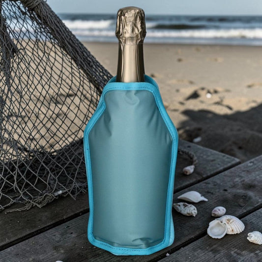Nomafu Froid Kühlmanschette in Türkis um eine Weinflasche am Strand, ideal für Picknicks und Gartenpartys.