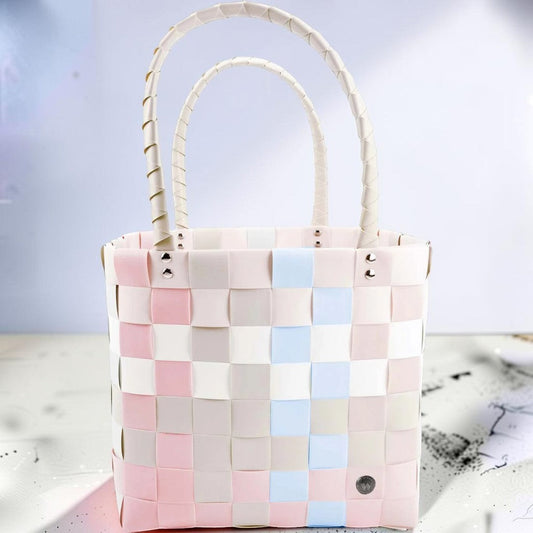 Nomafu ICE-BAG Original Shopper aus geflochtenem, mehrfarbigem Recycling-Kunststoff in Pastelltönen mit Tragegriffen
