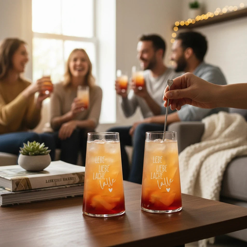 Nomafu longdrink glasses with Lebe Liebe Lache engraving filled with cocktails on a table with friends in background