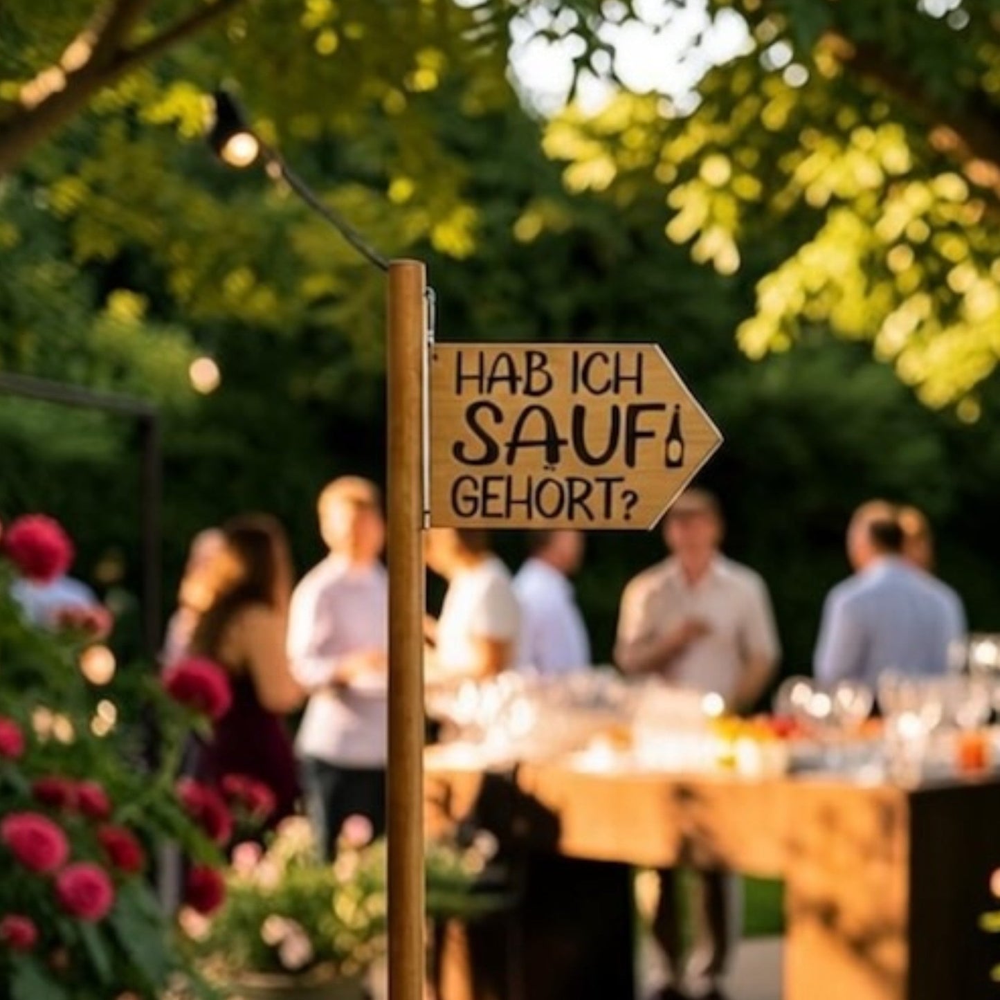 Nomafu Runde Kiste XXL standing table with a wooden sign reading Hab ich Sauf gehört at a garden party event.