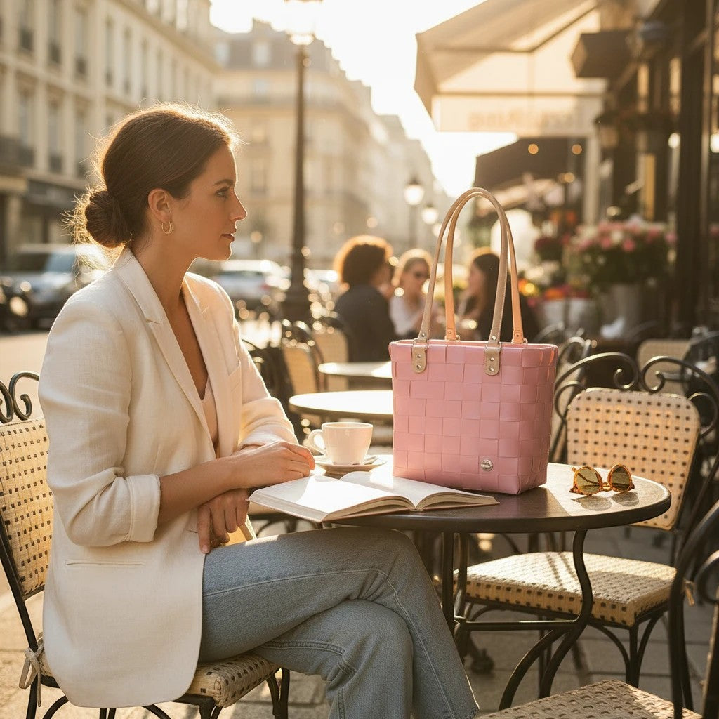 Nomafu Shopper RIVA in Altrosa aus geflochtenem Recycling-Kunststoff, präsentiert von einer Frau in einem Straßencafé.