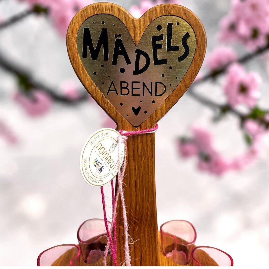 Nomafu Shotständer aus Wildeiche mit 9 rosa Herzgläsern, personalisierbar, für den Mädelsabend.