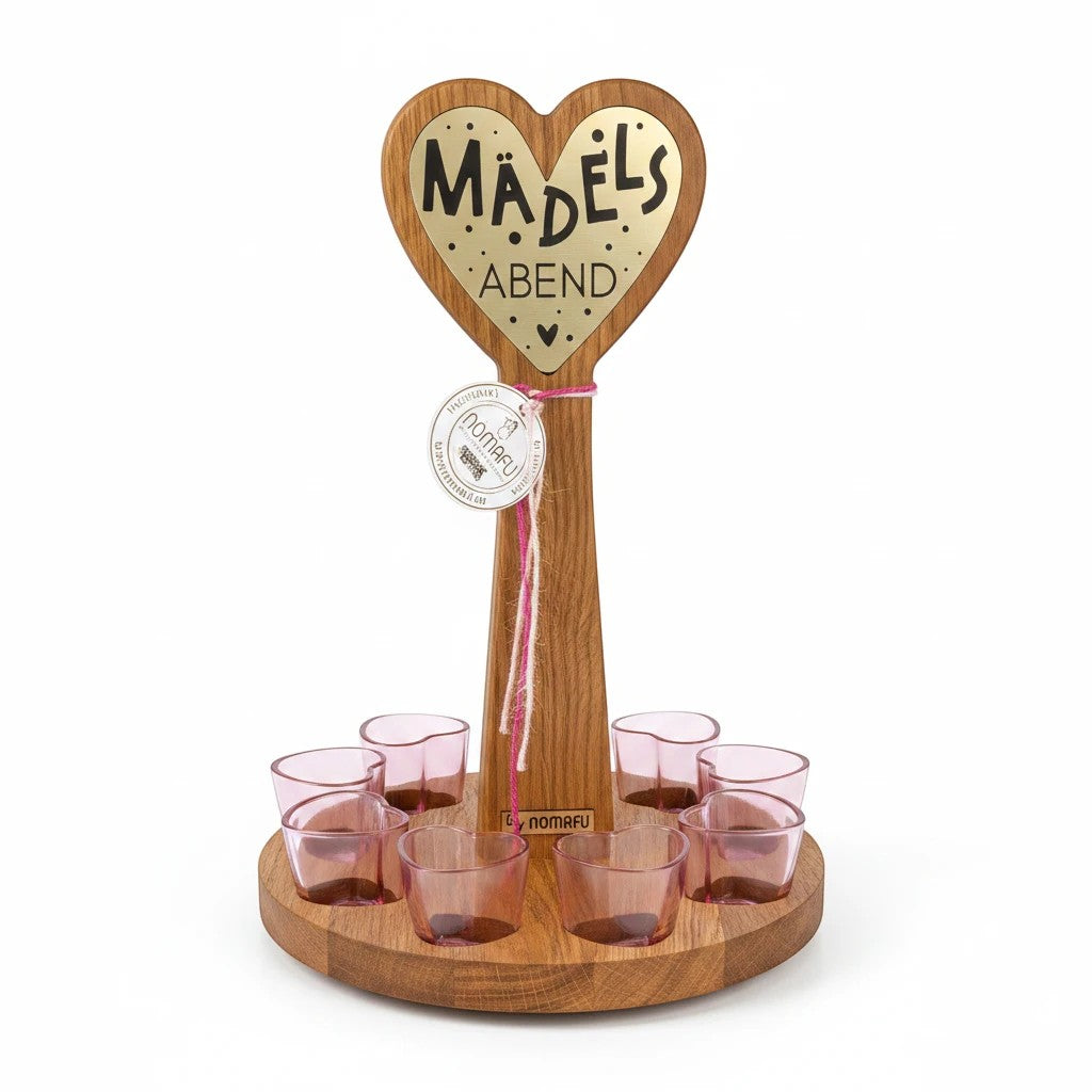 Nomafu Shotständer aus Wildeiche mit 9 rosa Herz-Shotgläsern, ideal für Mädelsabende.