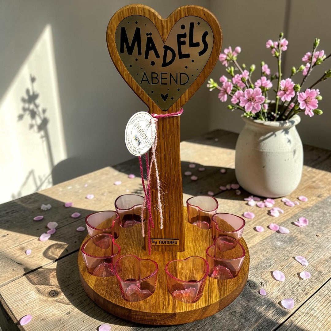 Nomafu Shotständer aus Wildeiche mit 9 rosa Herz-Shotgläsern, ideal für den Mädelsabend.