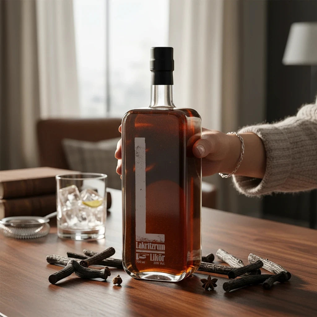 Nomafu Taste Deluxe licorice rum liqueur bottle held by hand on a wooden table with star anise and licorice sticks.