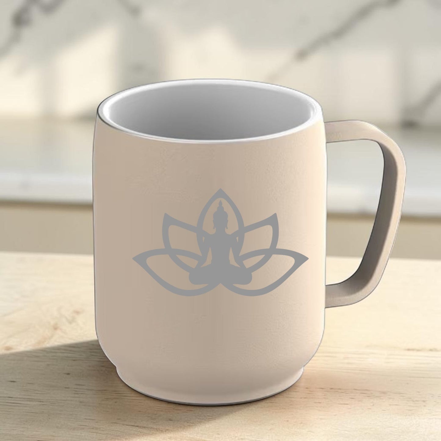 Nomafu Thermobecher in Beige mit Lotus-Buddha-Motiv, doppelwandiger Edelstahlbecher mit Keramikbeschichtung