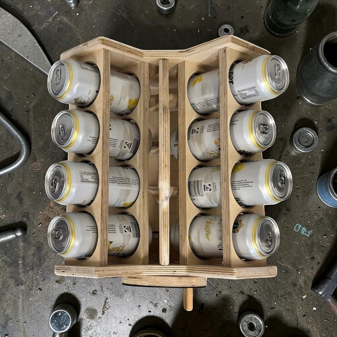 Nomafu V8 Bierflaschenträger aus Birken-Multiplex mit Platz für acht Flaschen und handbetriebener Antriebswelle